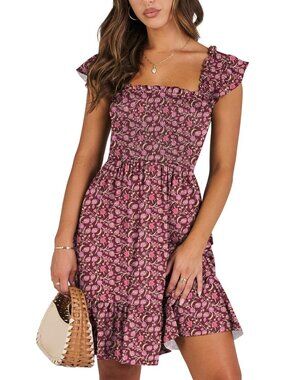 Women's Summer Sleeveless Square Neck Dress Red Pink Smocked Ruffle Backless